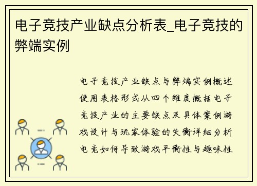 电子竞技产业缺点分析表_电子竞技的弊端实例