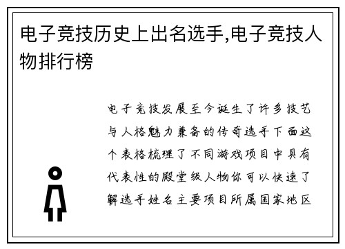 电子竞技历史上出名选手,电子竞技人物排行榜